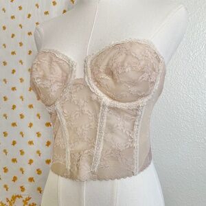 Vintage Lace Bustier Corset Top Strapless Nude Sheer Low Back Boned 36B